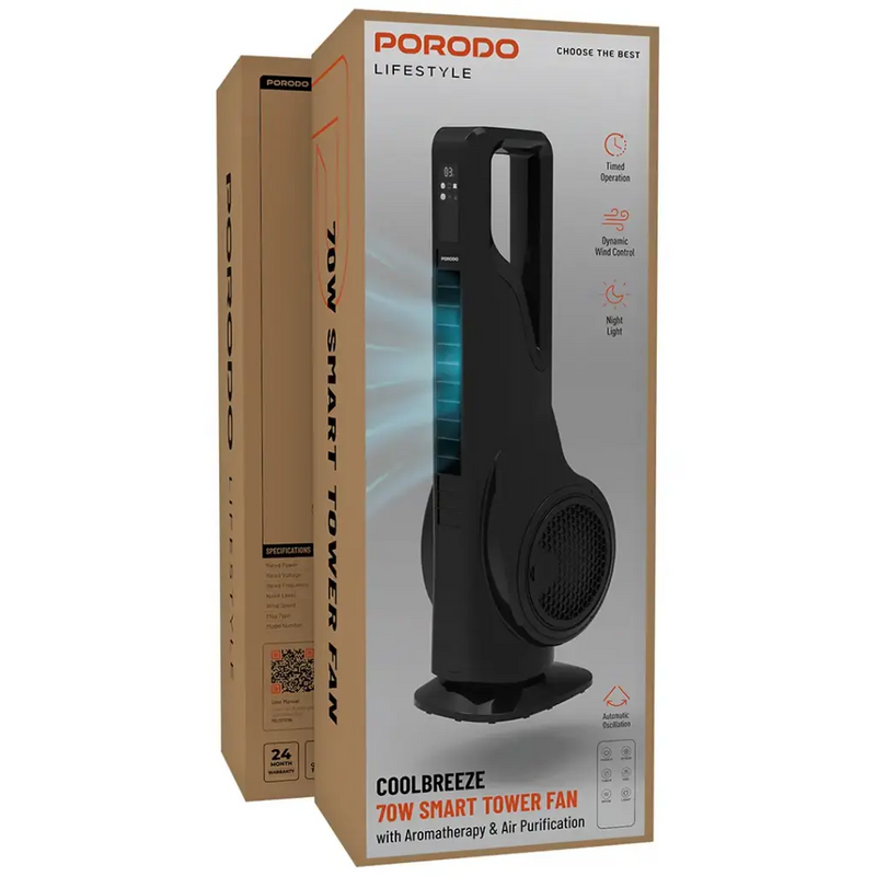 Porodo Lifestyle Coolbreeze 70W Smart Tower Fan with Aromatherapy & Air Purification - Black detail view