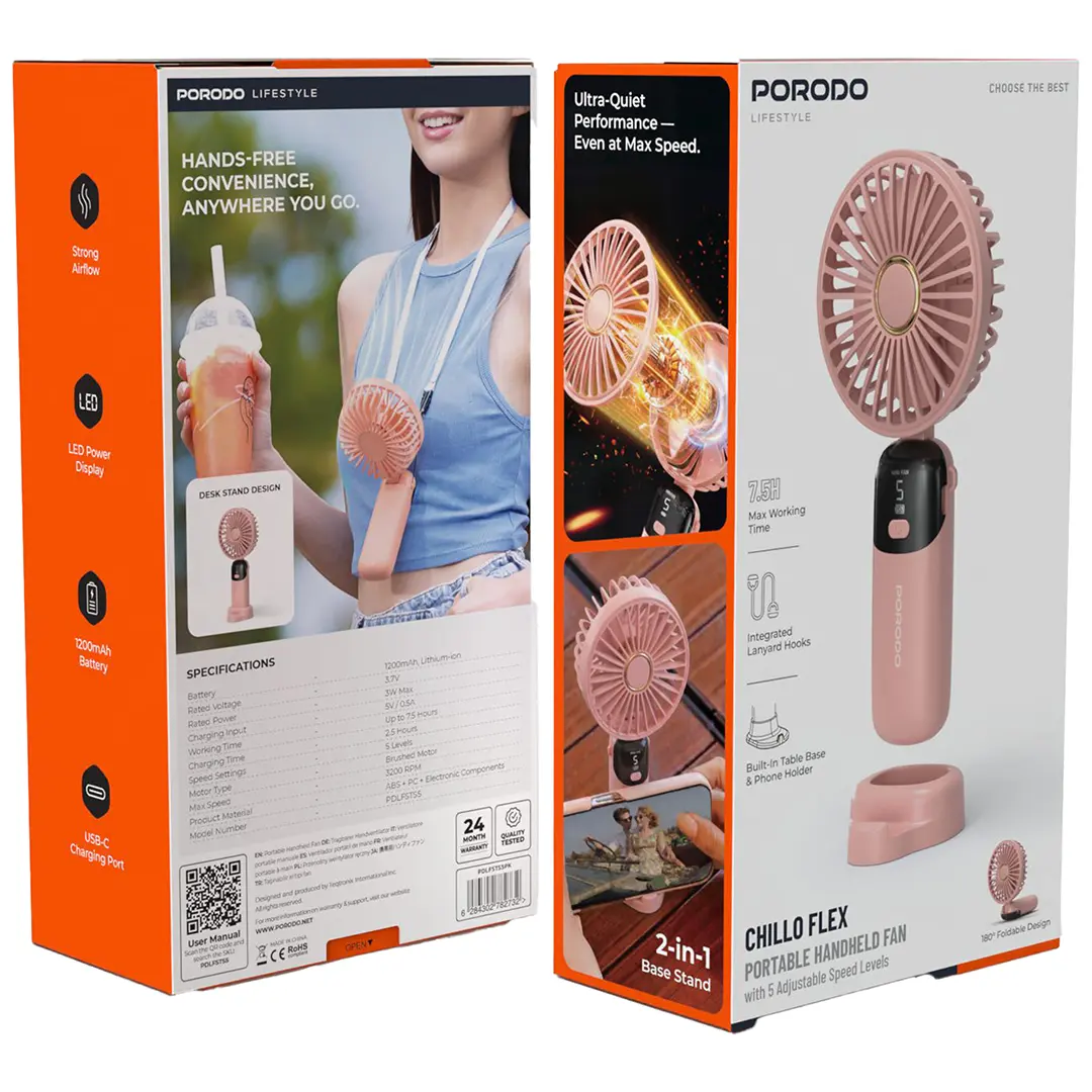 Porodo Lifestyle Chillo Flex Portable Handheld Fan with 5 Adjustable Speed Levels